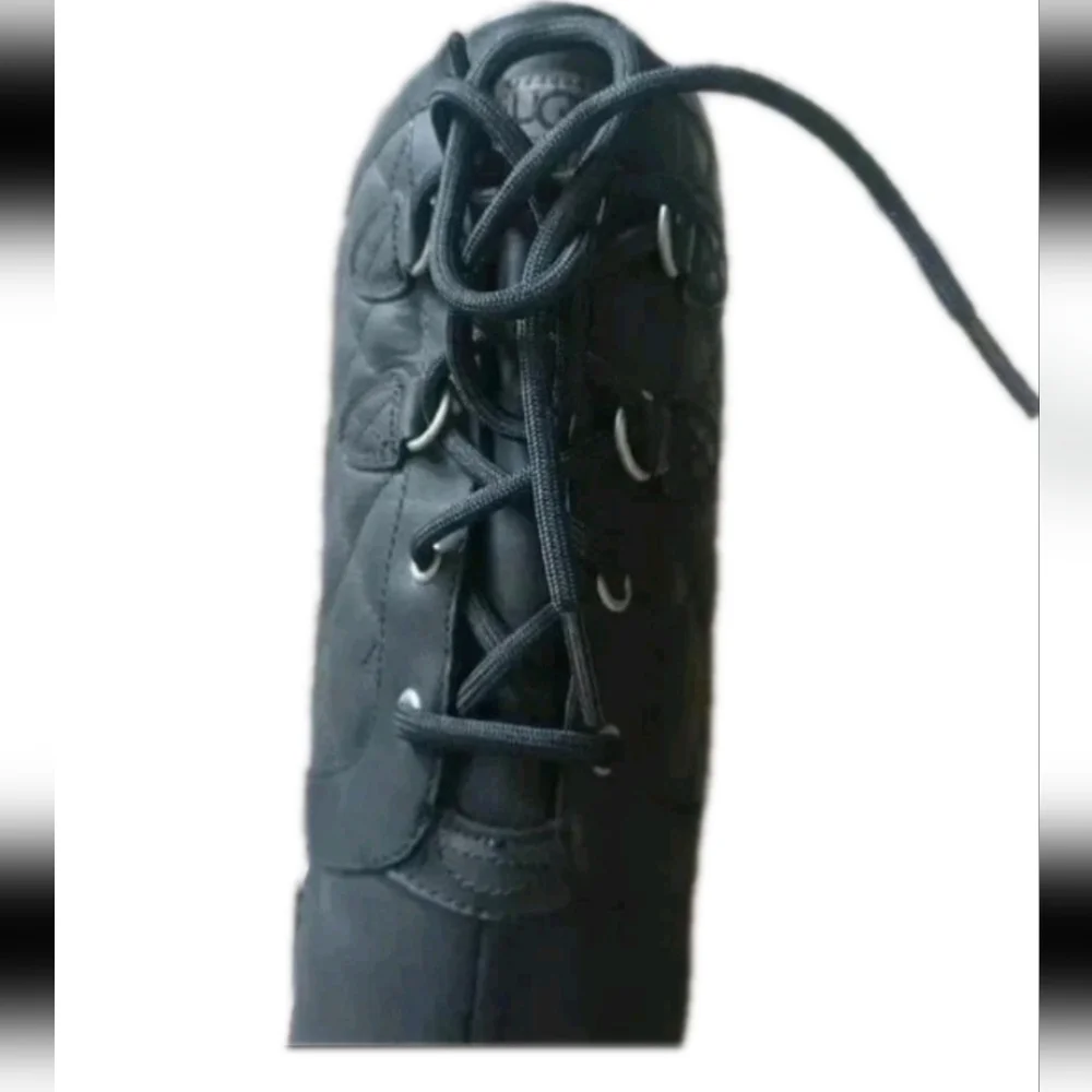 Ugg Womens Black Leather Elsa Deco Quilt Knee High Waterproof Winter Boot 8